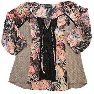 Cynthia Rowley Boho Mixed Print Crochet Lace Tie Neck Blouse Black Orange Small